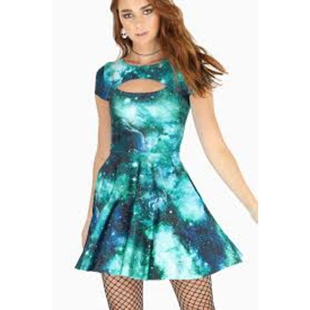 BlackMilk Galaxy Turquoise Peephole Mini Skater Dress Size Small BNWT